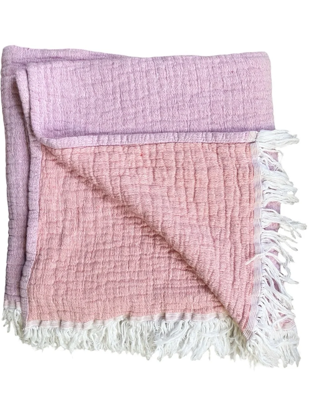 Texteis Penedo Two Tone Cotton Gauze Throw Blanket in Pale Pink/Orange w/Fringe